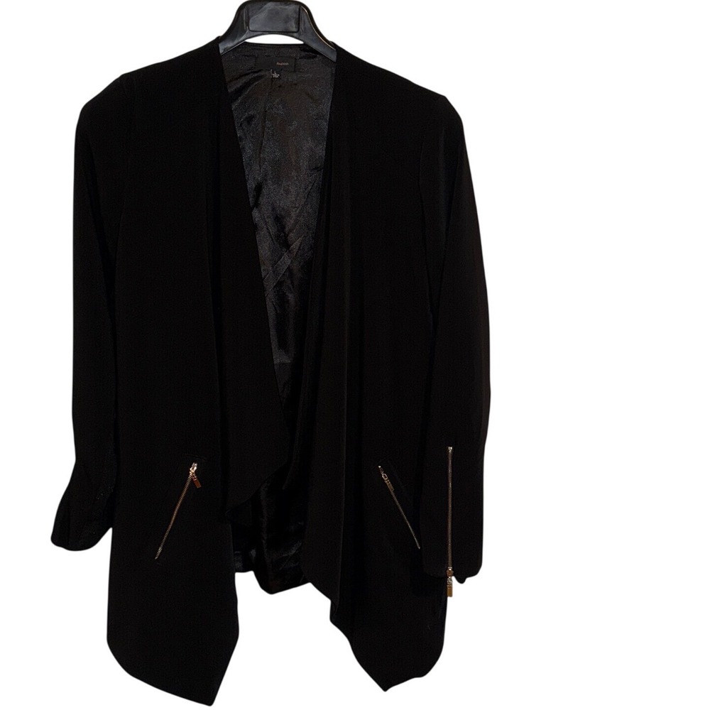 Love Posh Women's L Black Draped Waterfall Open Front Blazer Gold Zip Cuffs Chic
